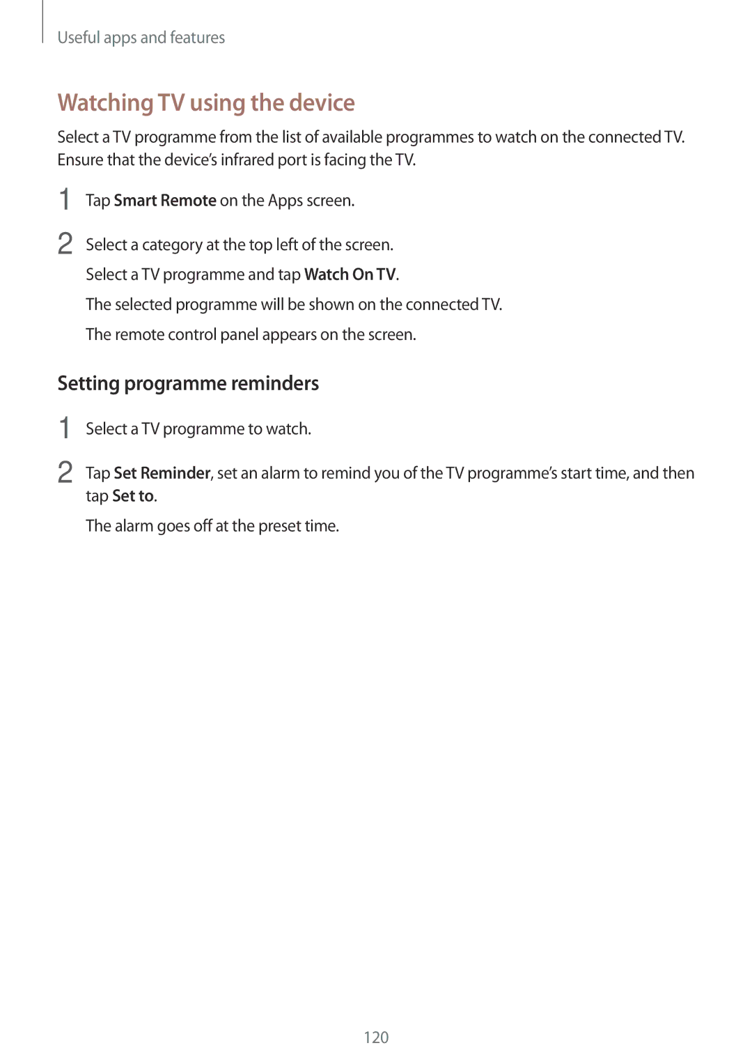 Samsung SM-T705NZWATPH, SM-T705NZWASEB, SM-T705NZWAATO manual Watching TV using the device, Setting programme reminders 