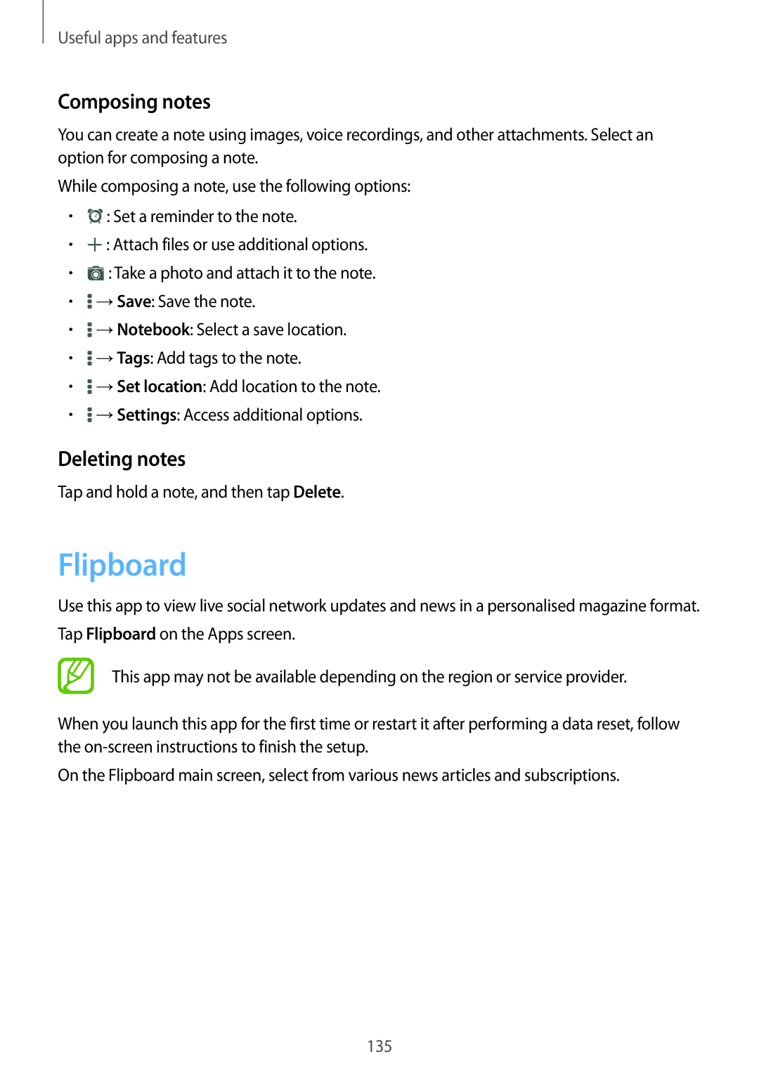 Samsung SM-T705NZWAAUT manual Flipboard, Composing notes, Deleting notes, Tap and hold a note, and then tap Delete 