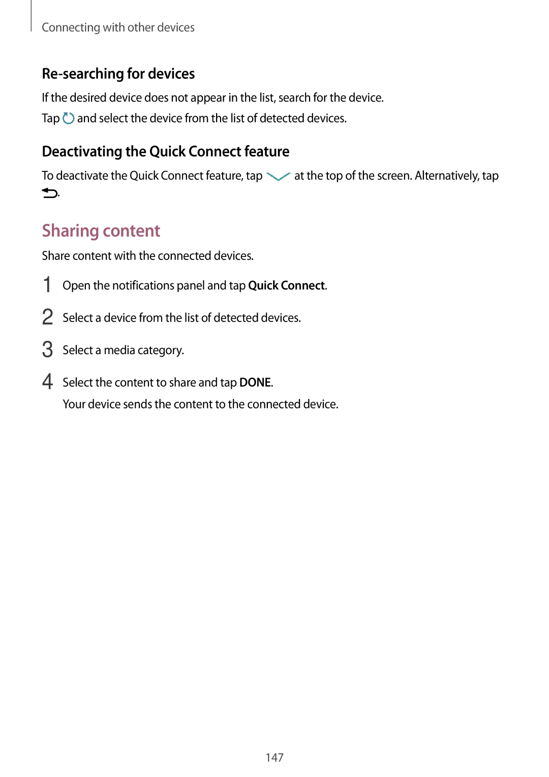 Samsung SM-T705NZWAPAN, SM-T705NZWATPH Sharing content, Re-searching for devices, Deactivating the Quick Connect feature 