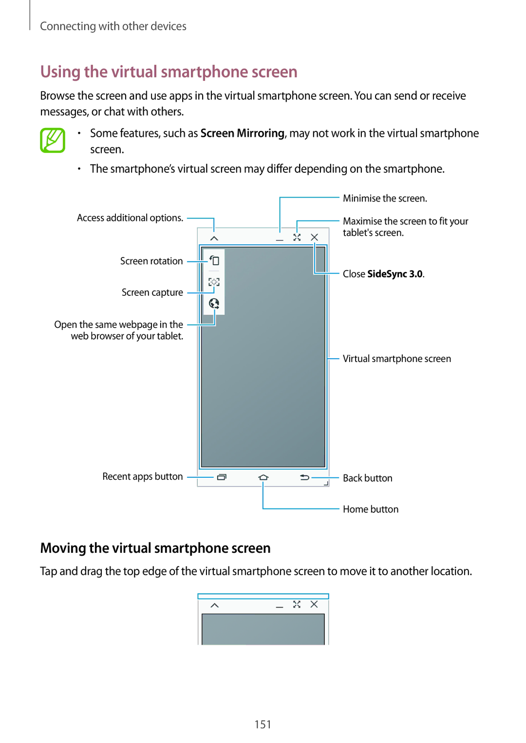 Samsung SM-T705NTSANEE, SM-T705NZWATPH manual Using the virtual smartphone screen, Moving the virtual smartphone screen 