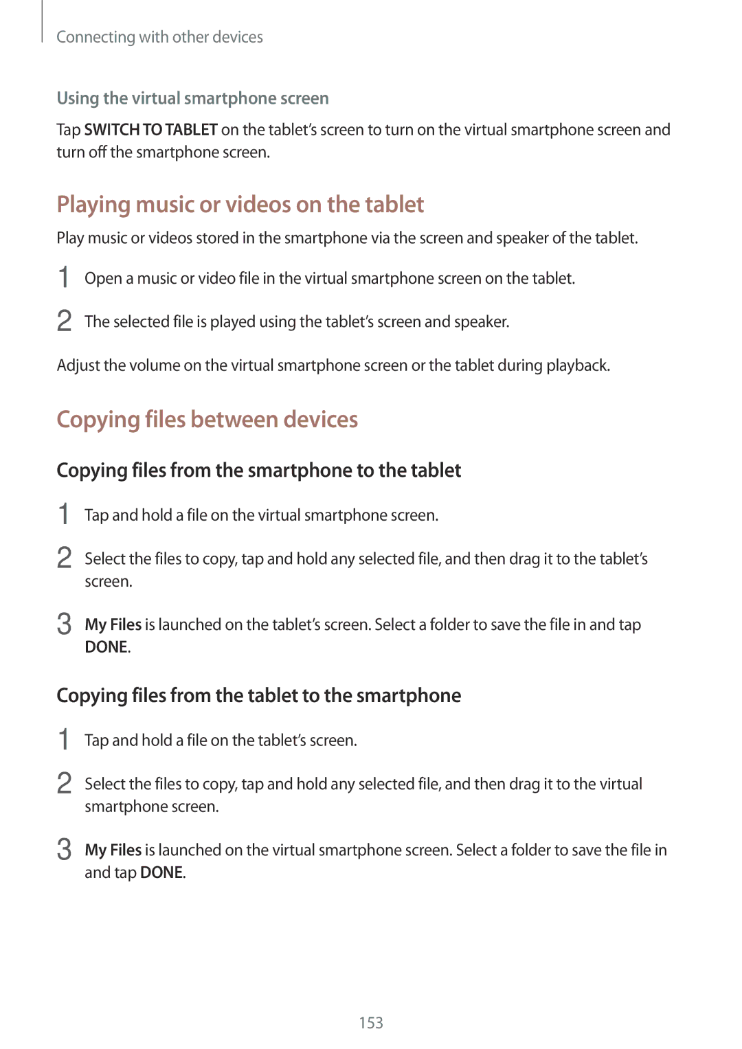 Samsung SM-T705NHAANEE, SM-T705NZWATPH, SM-T705NZWASEB Playing music or videos on the tablet, Copying files between devices 