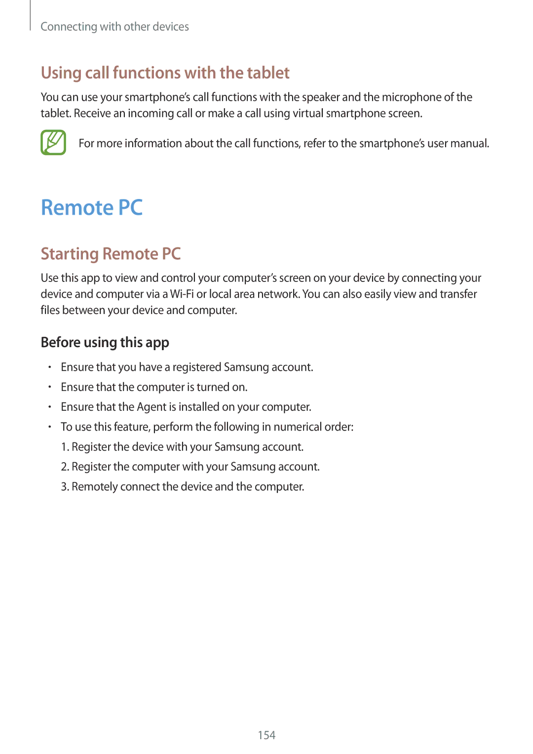 Samsung SM-T705NZWANEE, SM-T705NZWATPH, SM-T705NZWASEB manual Using call functions with the tablet, Starting Remote PC 