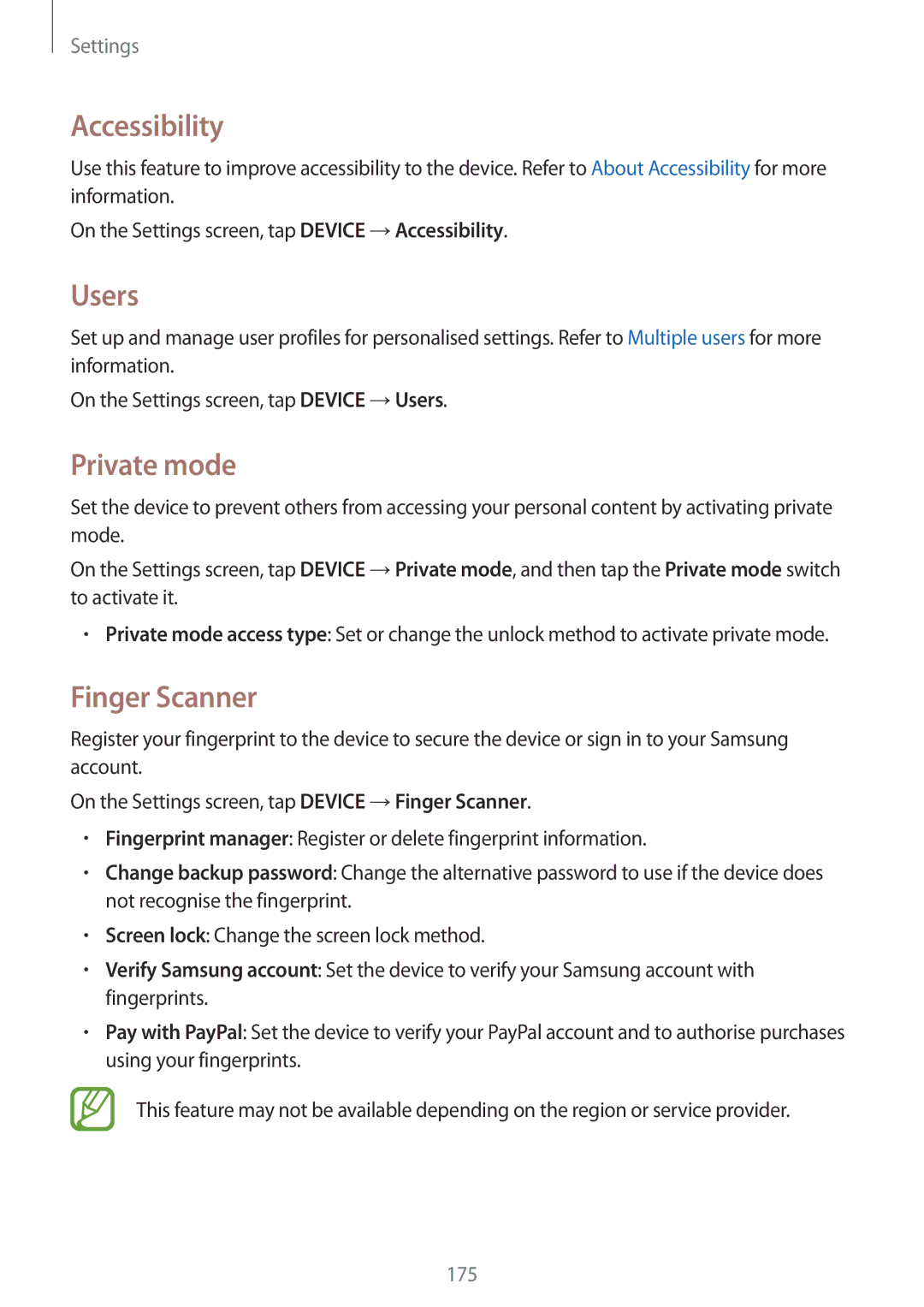 Samsung SM-T705NZWAAUT, SM-T705NZWATPH, SM-T705NZWASEB, SM-T705NZWAATO Accessibility, Users, Private mode, Finger Scanner 