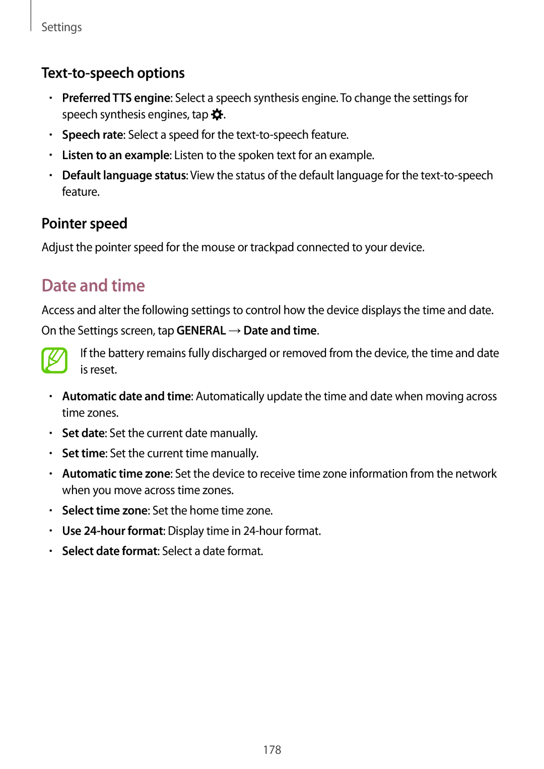 Samsung SM-T705NZWAPHE, SM-T705NZWATPH, SM-T705NZWASEB, SM-T705NZWAATO Date and time, Text-to-speech options, Pointer speed 