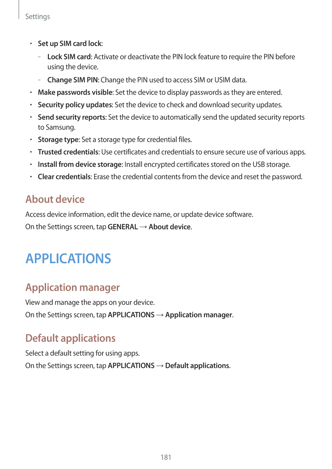 Samsung SM-T705NZWABGL, SM-T705NZWATPH manual About device, Application manager, Default applications, Set up SIM card lock 