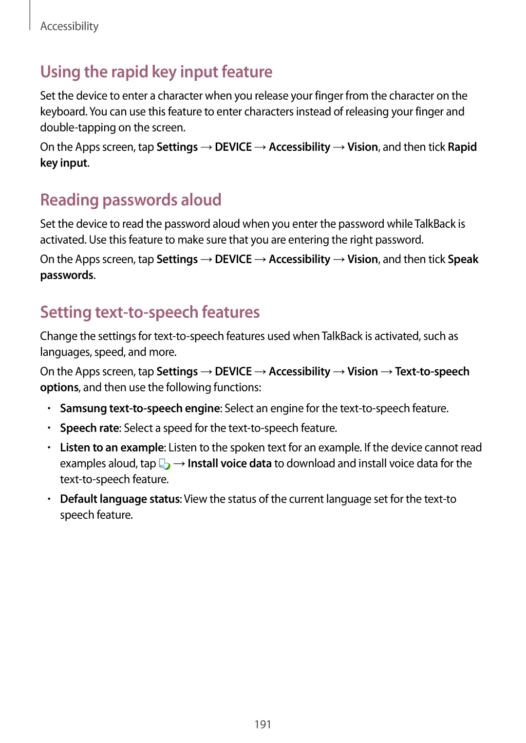 Samsung SM-T705NTSANEE manual Using the rapid key input feature, Reading passwords aloud, Setting text-to-speech features 