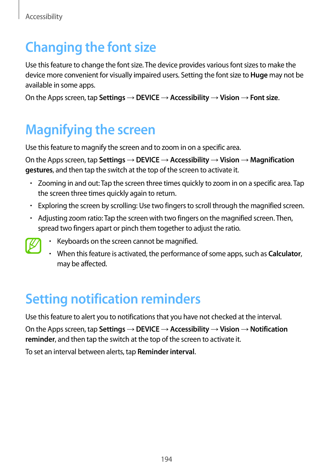 Samsung SM-T705NZWANEE, SM-T705NZWATPH manual Changing the font size, Magnifying the screen, Setting notification reminders 