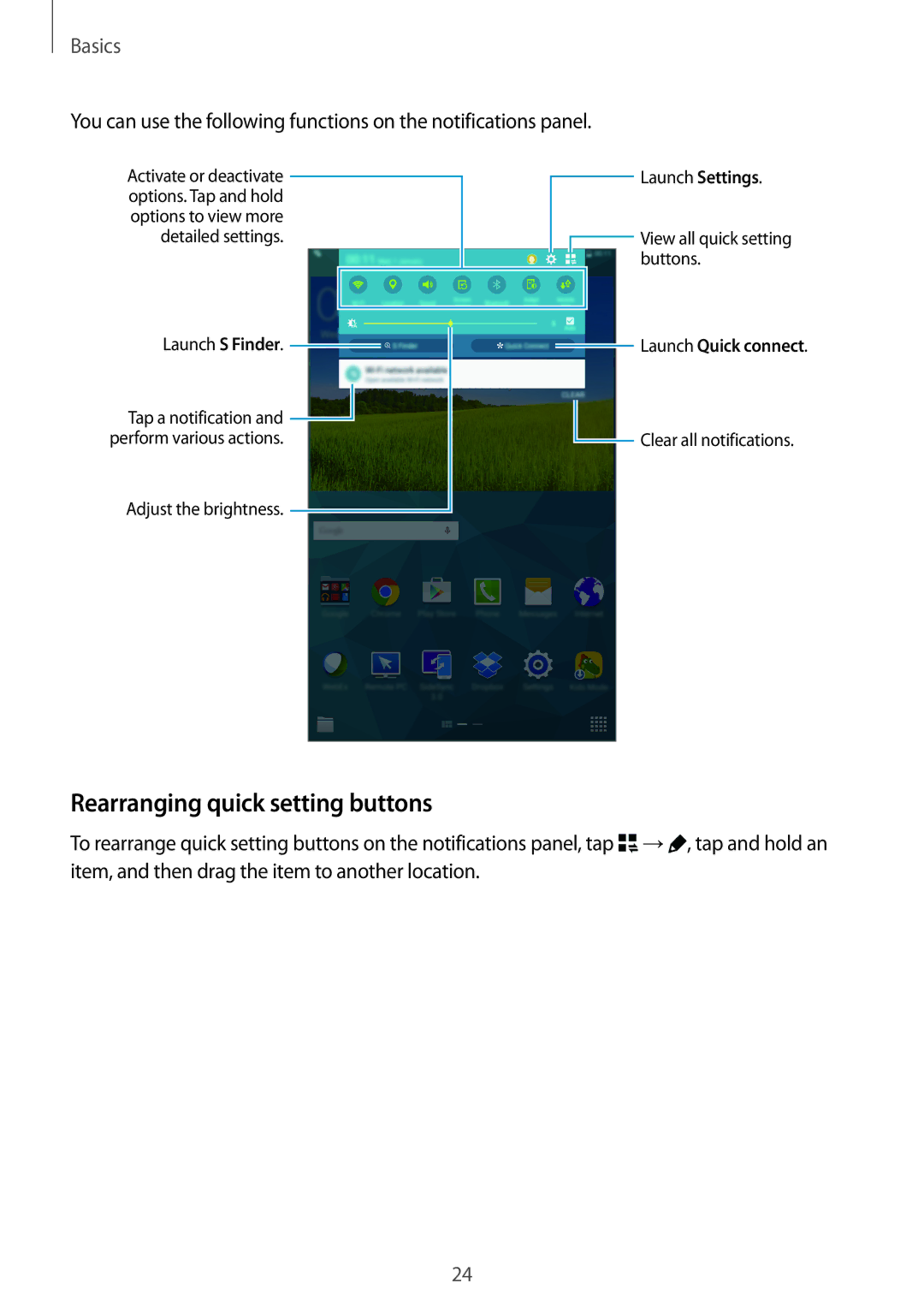 Samsung SM-T705NZWAVDH, SM-T705NZWATPH, SM-T705NZWASEB, SM-T705NZWAATO, SM-T705NTSATPH manual Rearranging quick setting buttons 