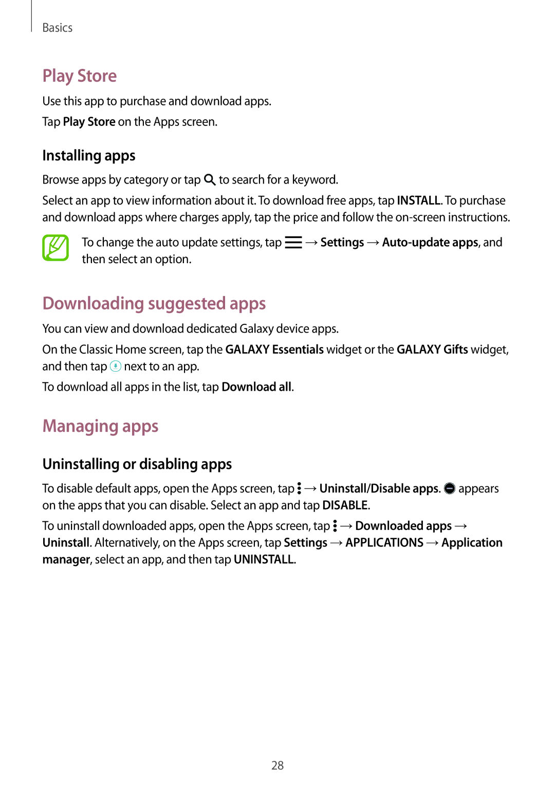 Samsung SM-T705NTSAXEH manual Play Store, Downloading suggested apps, Managing apps, Uninstalling or disabling apps 