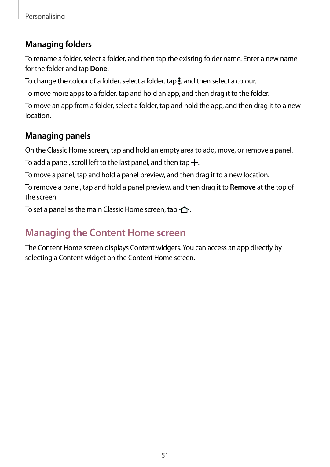 Samsung SM-T705NTSAATO, SM-T705NZWATPH, SM-T705NZWASEB Managing the Content Home screen, Managing folders, Managing panels 