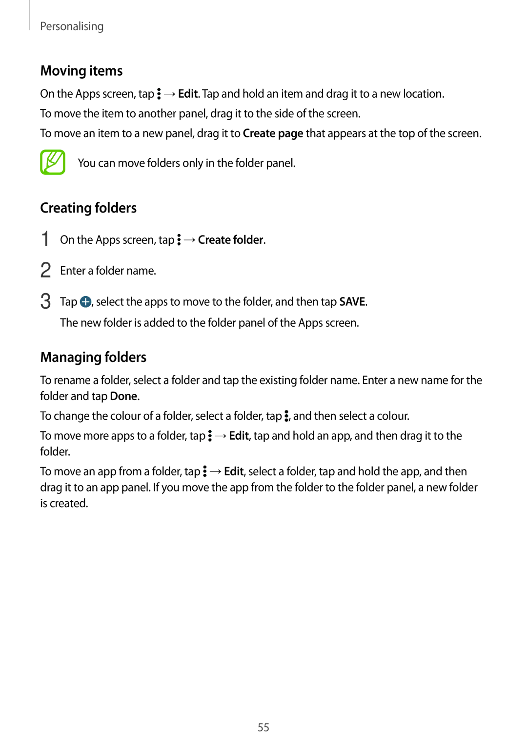 Samsung SM-T705NZWAAUT, SM-T705NZWATPH manual Moving items, Creating folders, You can move folders only in the folder panel 