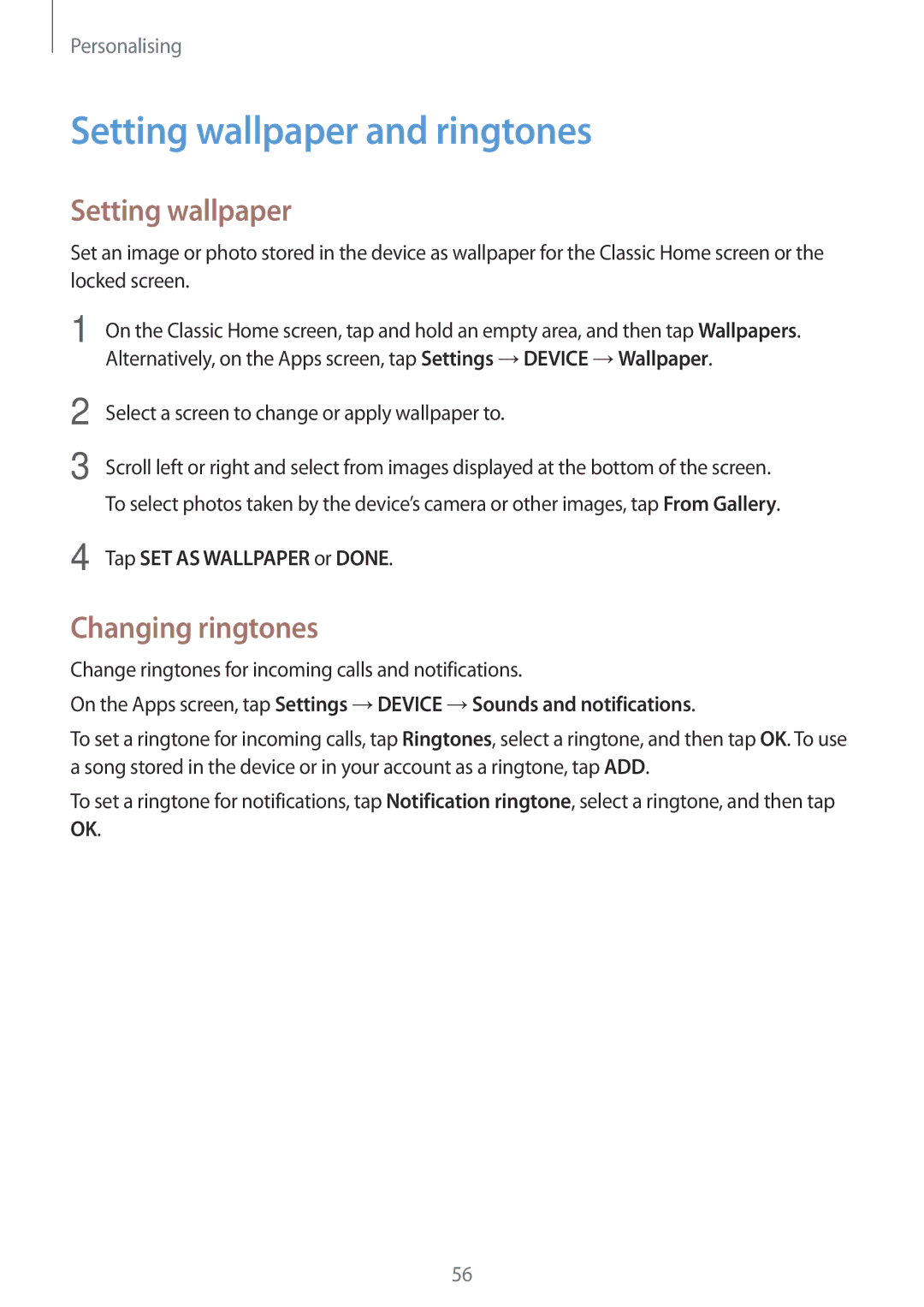 Samsung SM-T705NTSAXEO, SM-T705NZWATPH Setting wallpaper and ringtones, Changing ringtones, Tap SET AS Wallpaper or Done 