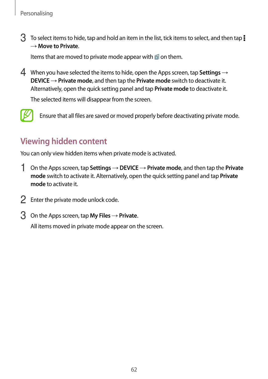 Samsung SM-T705NTSASEE Viewing hidden content, → Move to Private, Items that are moved to private mode appear with on them 