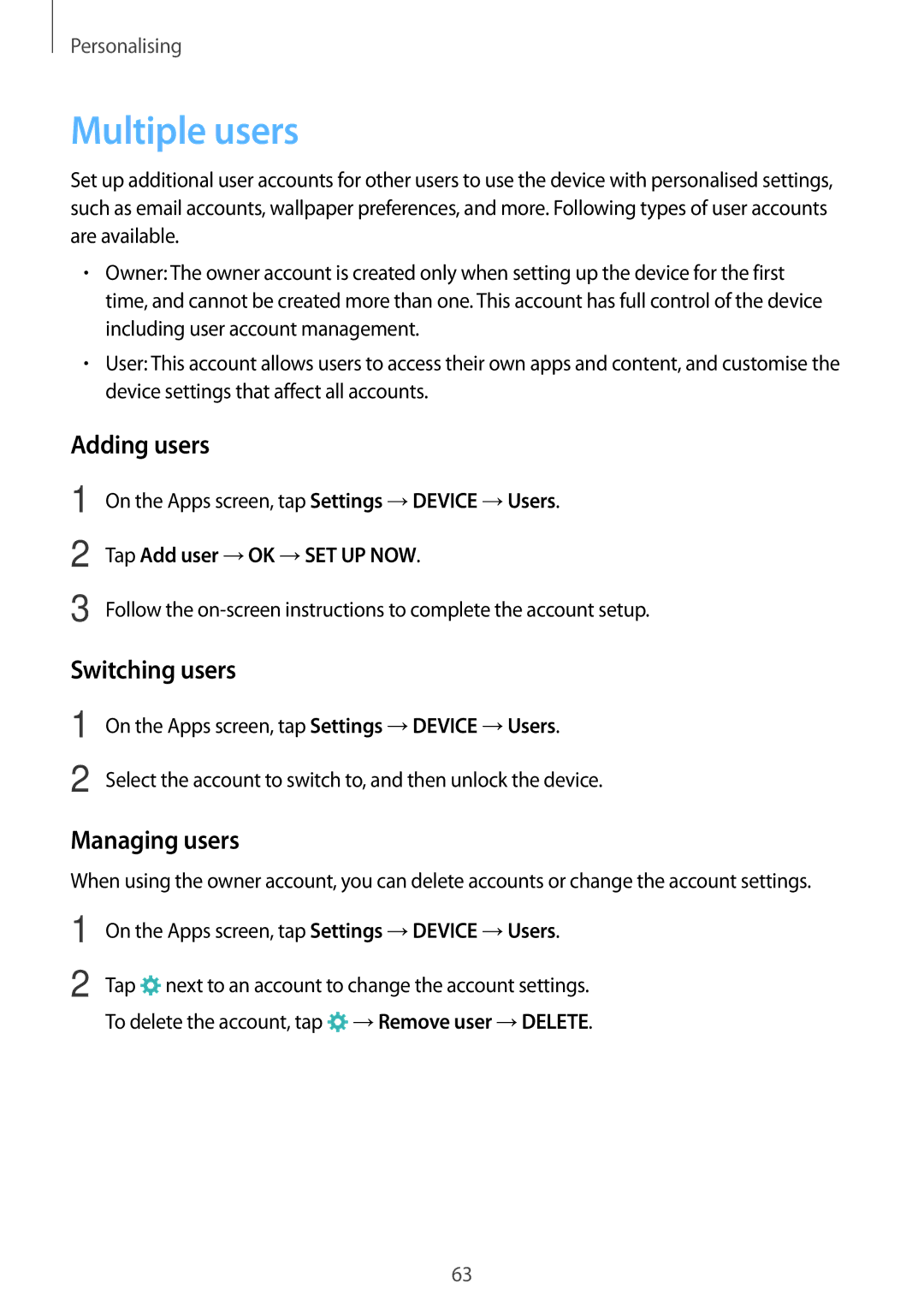 Samsung SM-T705NZWASEE, SM-T705NZWATPH, SM-T705NZWASEB manual Multiple users, Adding users, Switching users, Managing users 