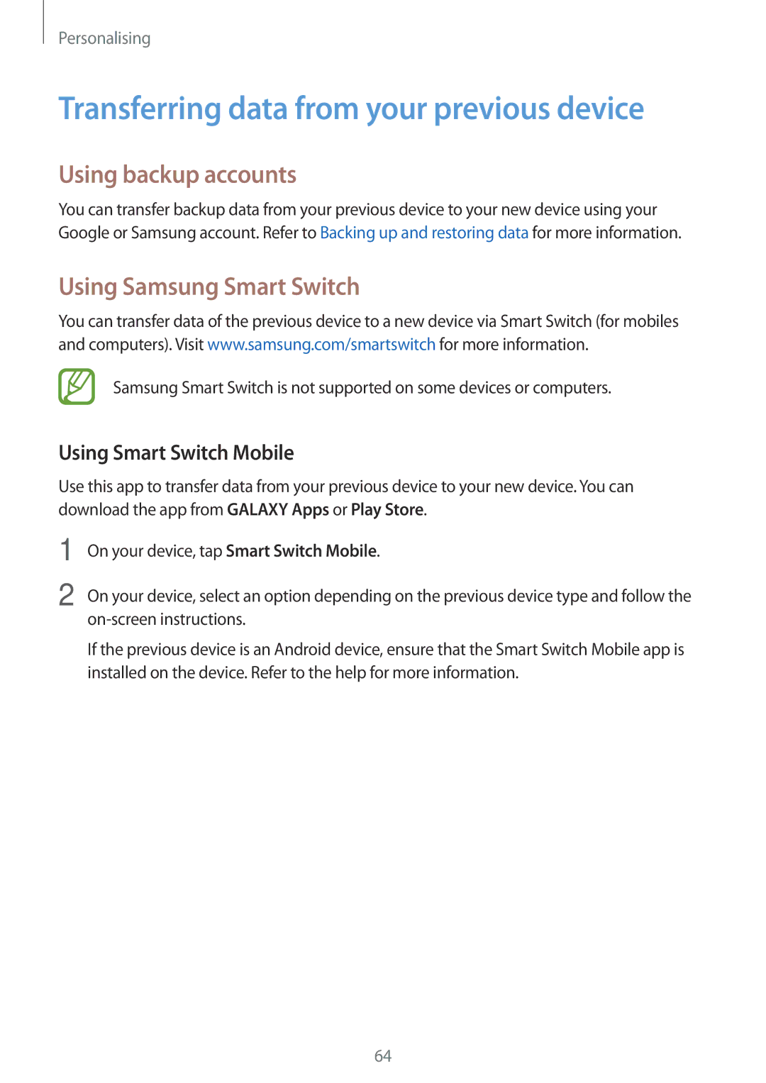 Samsung SM-T705NZWAVDH Transferring data from your previous device, Using backup accounts, Using Samsung Smart Switch 