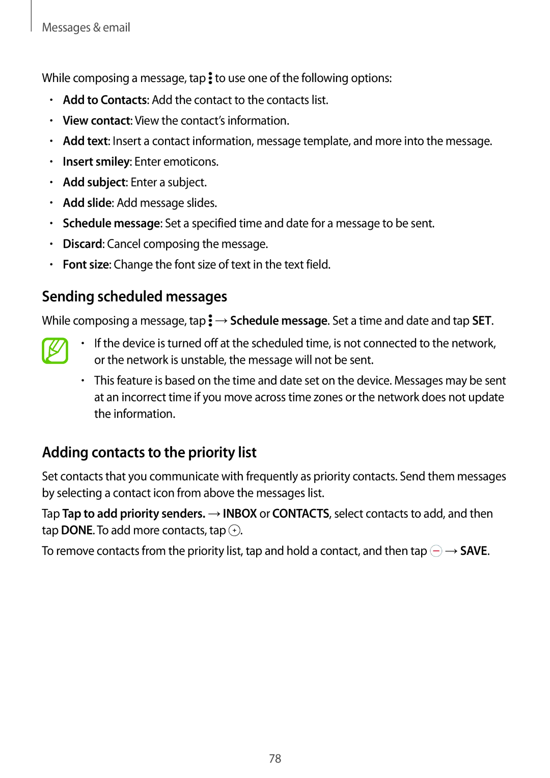 Samsung SM-T705NZWYSER, SM-T705NZWATPH, SM-T705NZWASEB Sending scheduled messages, Adding contacts to the priority list 