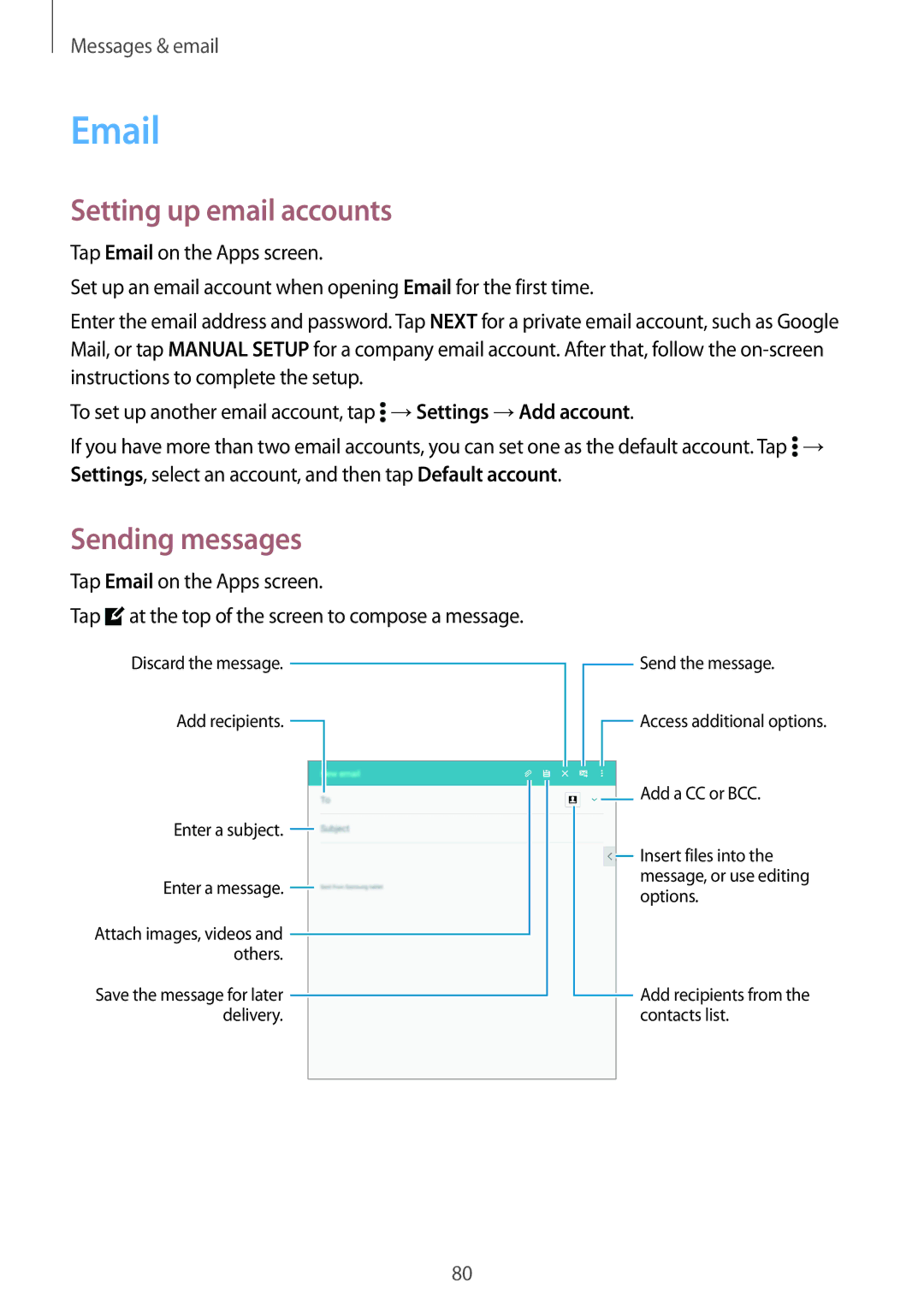 Samsung SM-T705NZWATPH, SM-T705NZWASEB, SM-T705NZWAATO manual Setting up email accounts, Tap Email on the Apps screen 