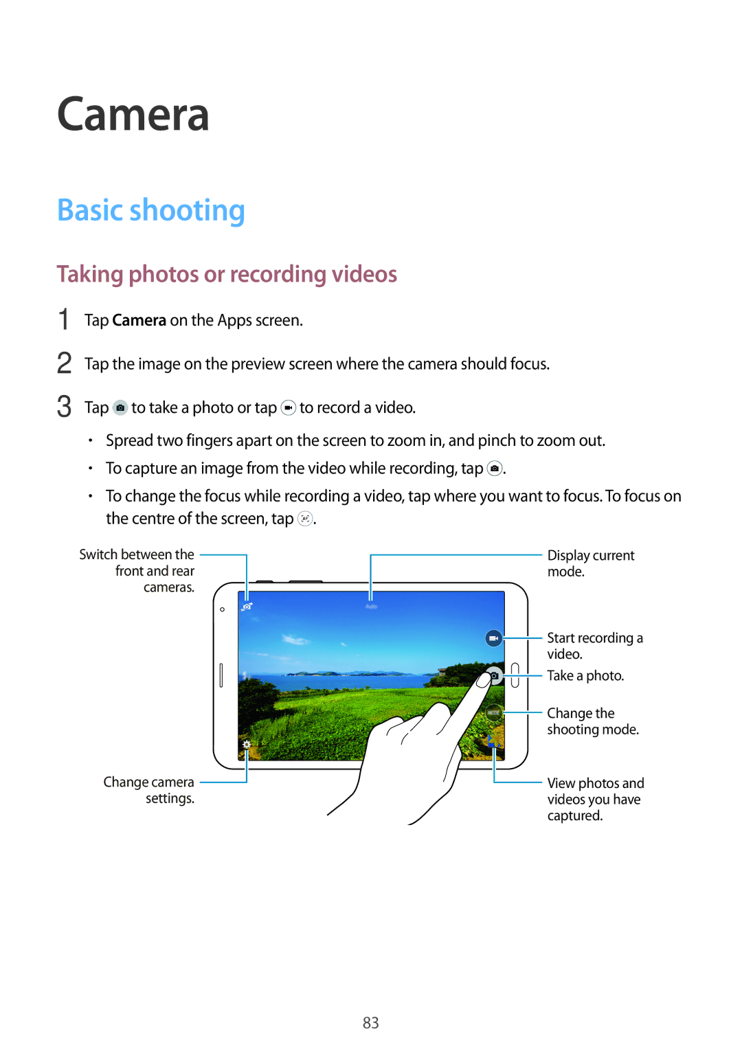 Samsung SM-T705NTSATPH, SM-T705NZWATPH, SM-T705NZWASEB manual Camera, Basic shooting, Taking photos or recording videos 