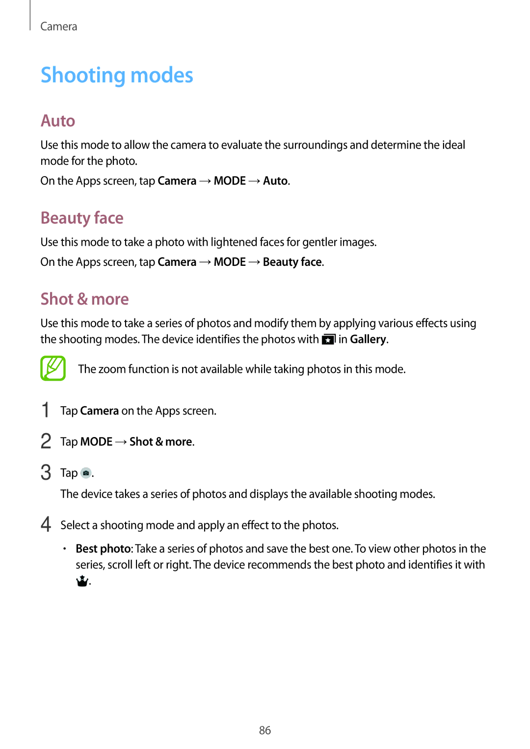 Samsung SM-T705NZWADBT, SM-T705NZWATPH, SM-T705NZWASEB manual Shooting modes, Auto, Beauty face, Tap Mode →Shot & more 