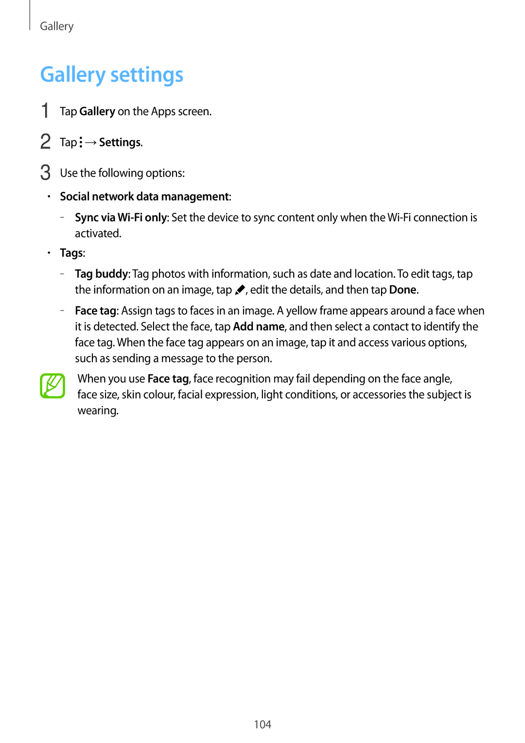 Samsung SM-T705NZWAVDH Gallery settings, Tap →Settings, Use the following options, Social network data management, Tags 