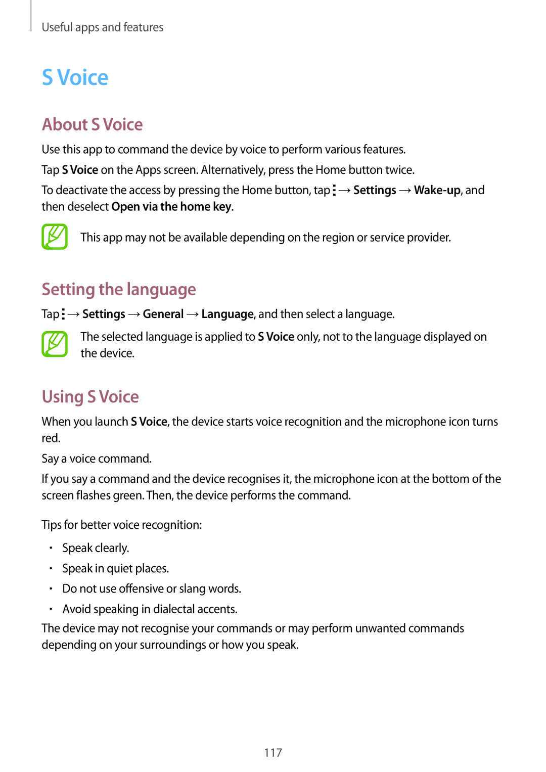 Samsung SM-T705NTSASER, SM-T705NZWATPH, SM-T705NZWASEB manual About S Voice, Setting the language, Using S Voice 