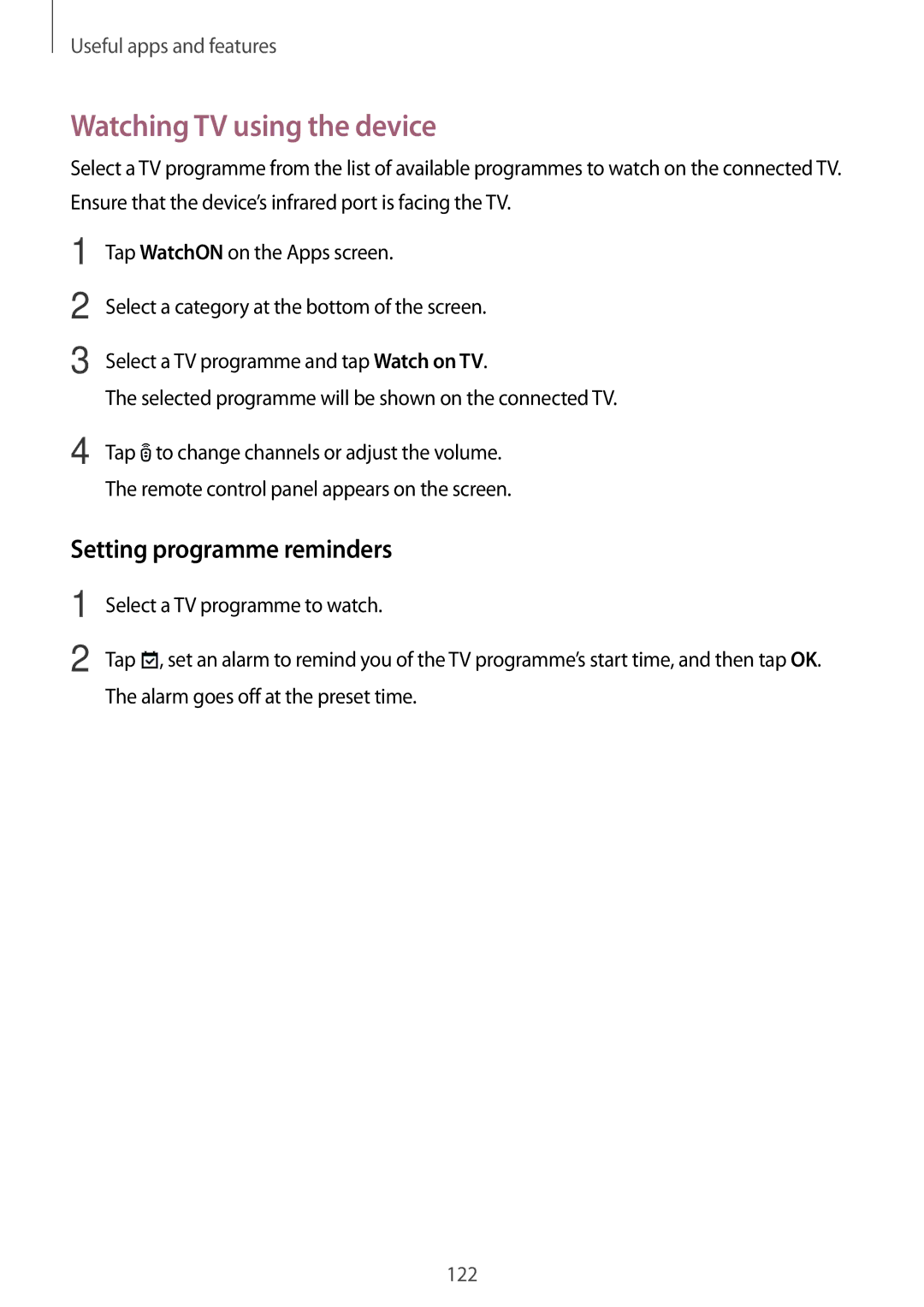 Samsung SM-T705NZWAATO, SM-T705NZWATPH, SM-T705NZWASEB manual Watching TV using the device, Setting programme reminders 