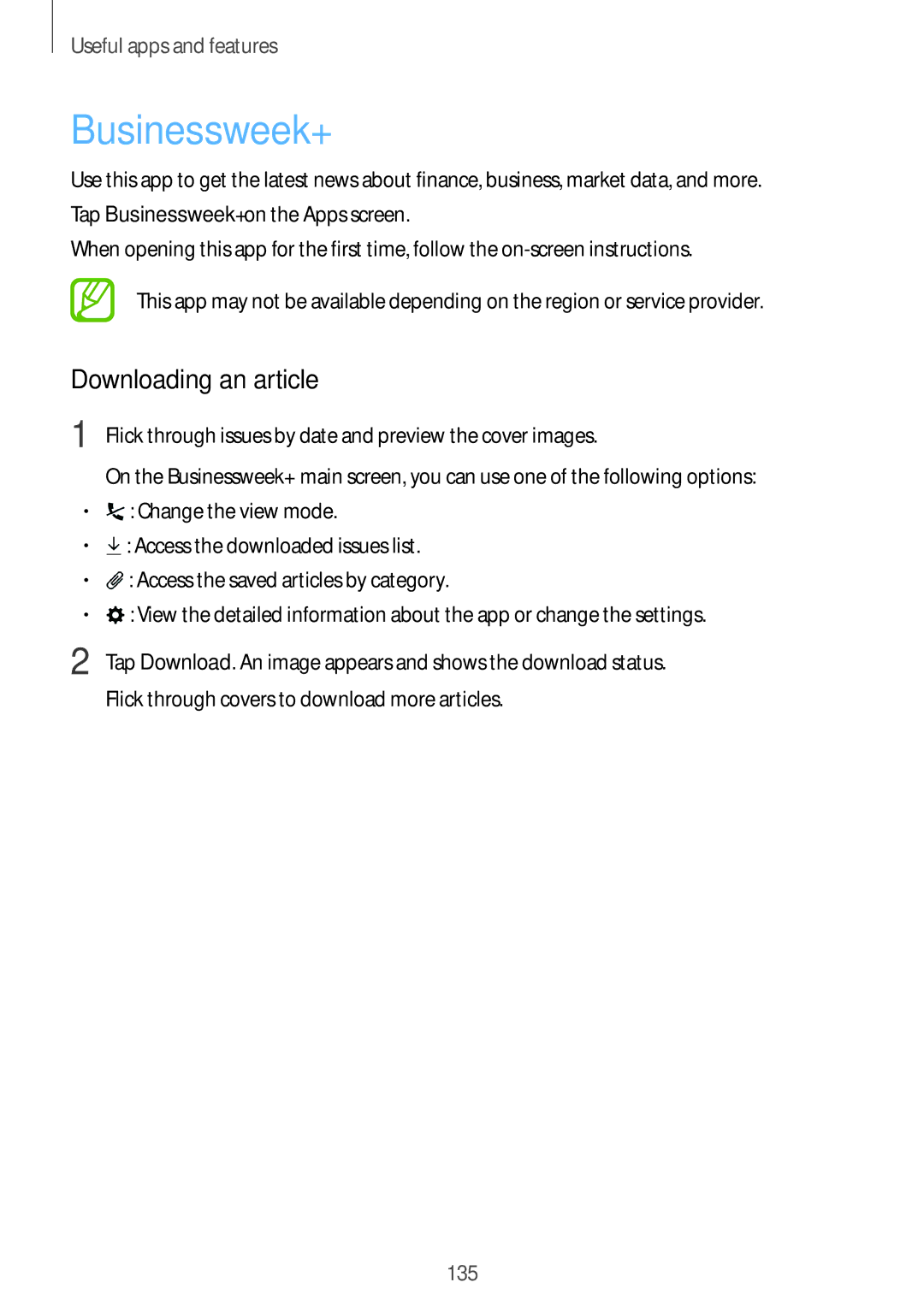 Samsung SM-T705NZWAAUT, SM-T705NZWATPH, SM-T705NZWASEB, SM-T705NZWAATO, SM-T705NTSATPH Businessweek+, Downloading an article 