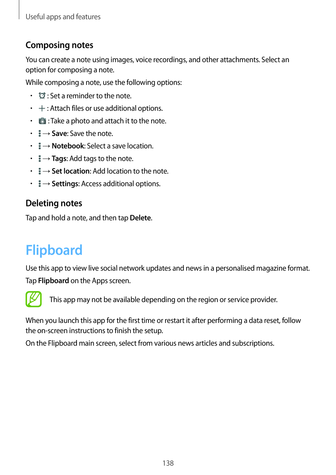 Samsung SM-T705NZWAPHE manual Flipboard, Composing notes, Deleting notes, Tap and hold a note, and then tap Delete 