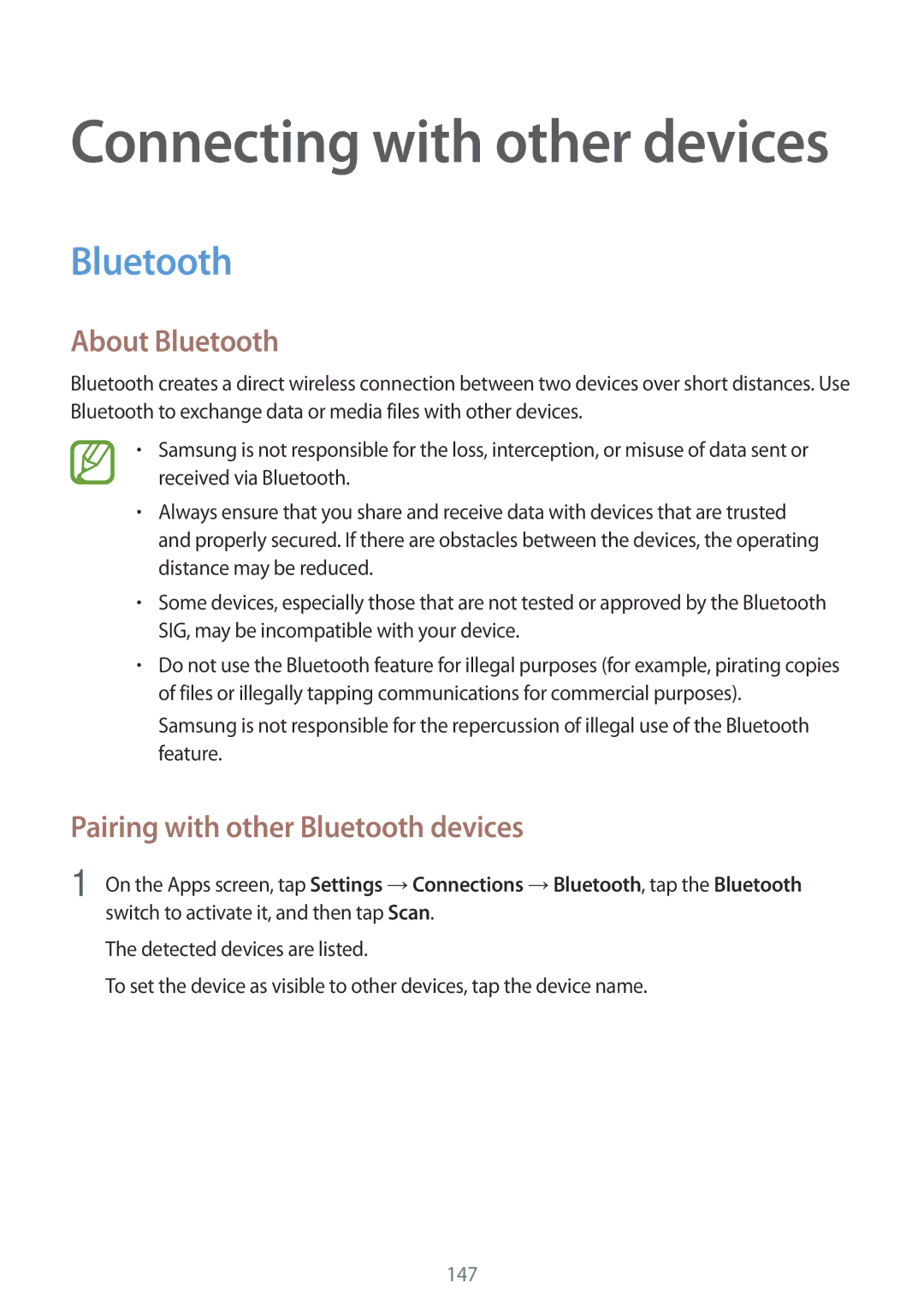 Samsung SM-T705NZWAPAN, SM-T705NZWATPH, SM-T705NZWASEB manual About Bluetooth, Pairing with other Bluetooth devices 