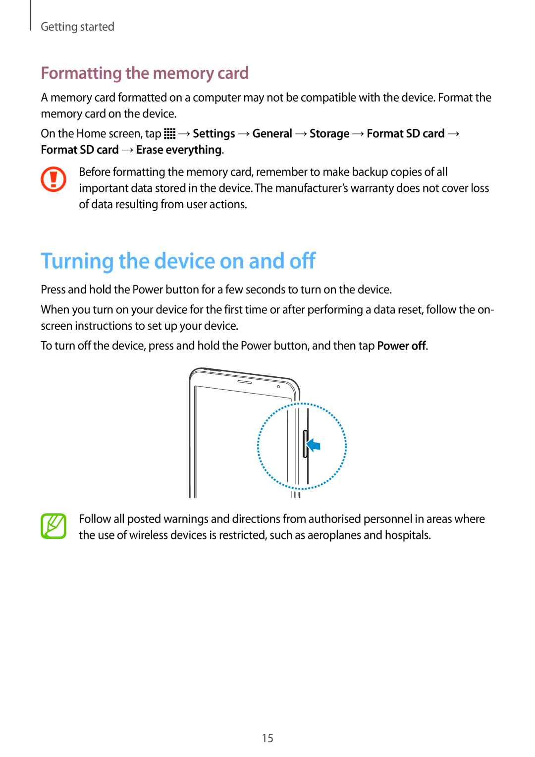 Samsung SM-T705NZWAAUT, SM-T705NZWATPH, SM-T705NZWASEB manual Turning the device on and off, Formatting the memory card 