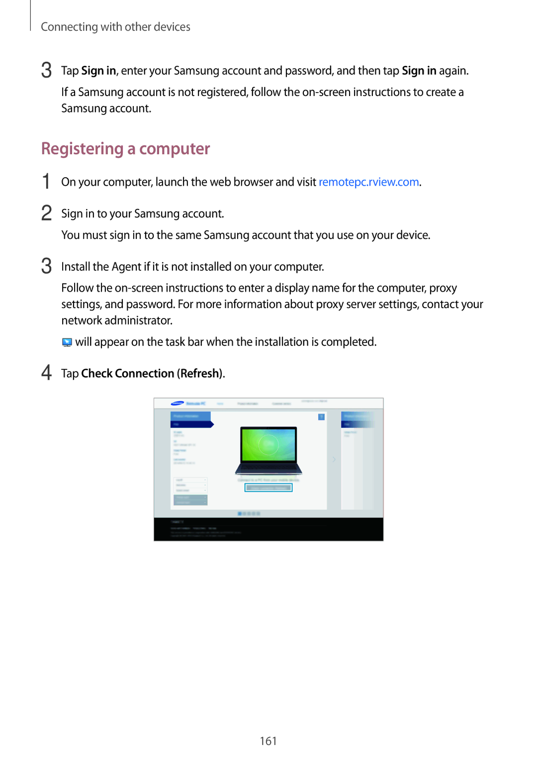 Samsung SM-T705NZWASEB, SM-T705NZWATPH, SM-T705NZWAATO, SM-T705NTSATPH Registering a computer, Tap Check Connection Refresh 