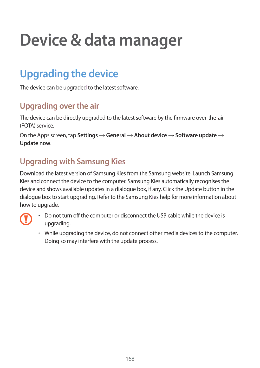 Samsung SM-T705NTSAVD2 Device & data manager, Upgrading the device, Upgrading over the air, Upgrading with Samsung Kies 