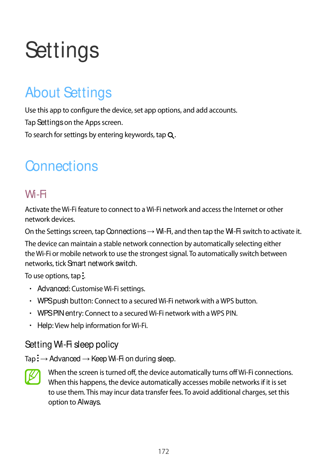 Samsung SM-T705NTSAMEO, SM-T705NZWATPH, SM-T705NZWASEB manual About Settings, Connections, Setting Wi-Fi sleep policy 