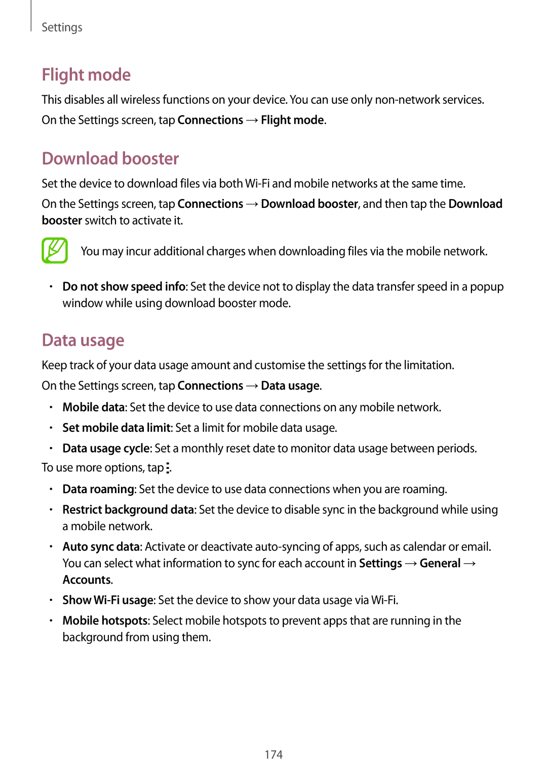 Samsung SM-T705NTSAITV, SM-T705NZWATPH, SM-T705NZWASEB, SM-T705NZWAATO manual Flight mode, Download booster, Data usage 