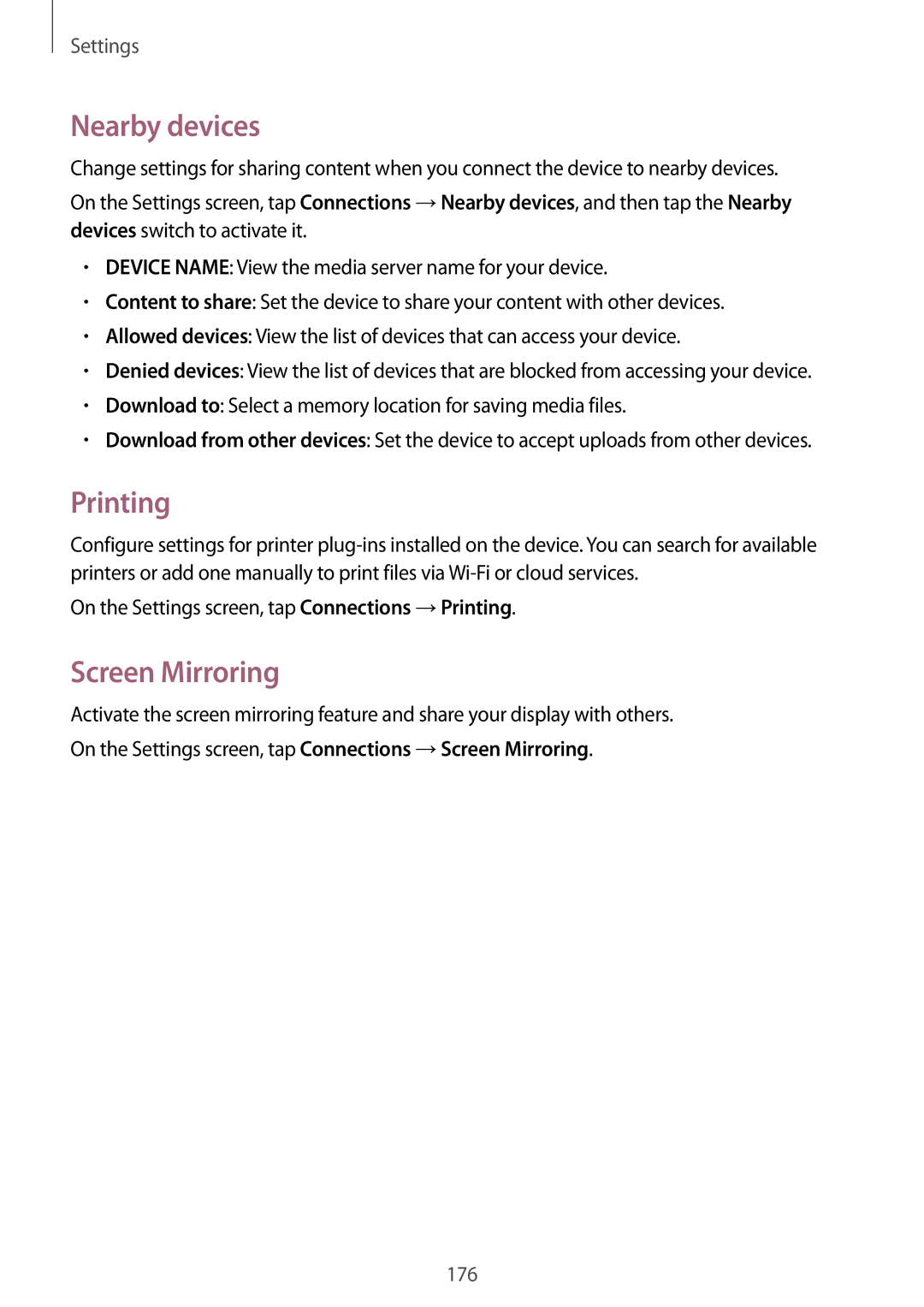 Samsung SM-T705NTSAXEO manual Nearby devices, Screen Mirroring, On the Settings screen, tap Connections →Printing 