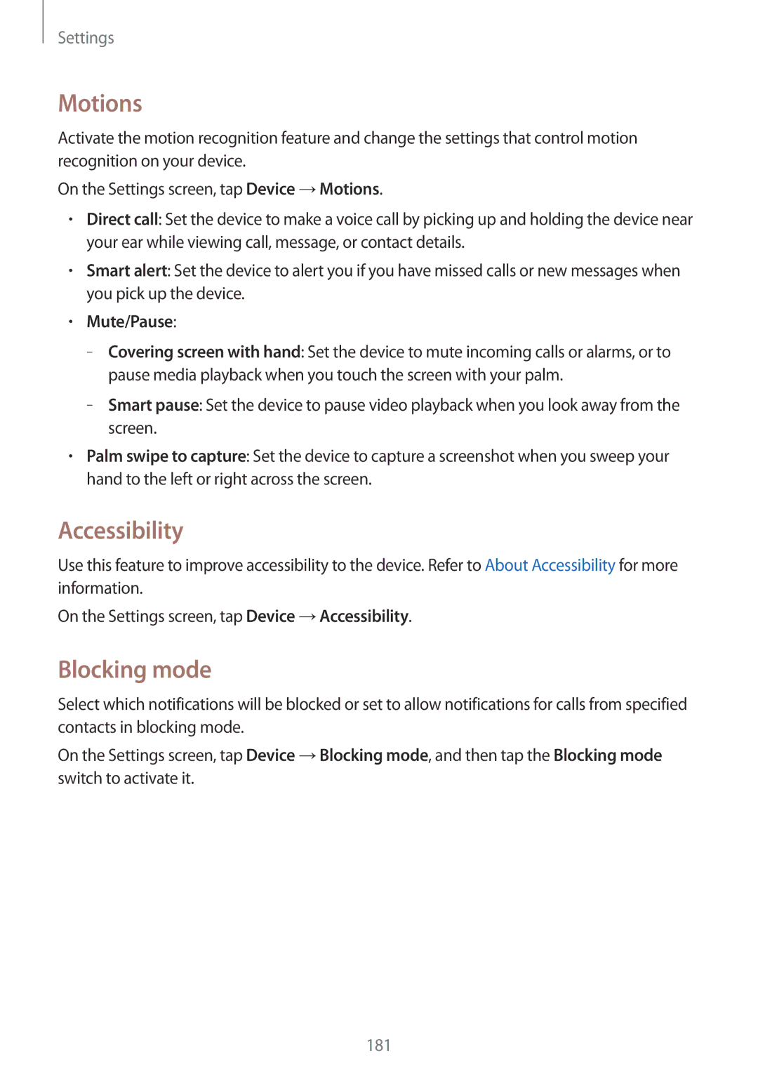 Samsung SM-T705NZWABGL, SM-T705NZWATPH, SM-T705NZWASEB, SM-T705NZWAATO Motions, Accessibility, Blocking mode, Mute/Pause 