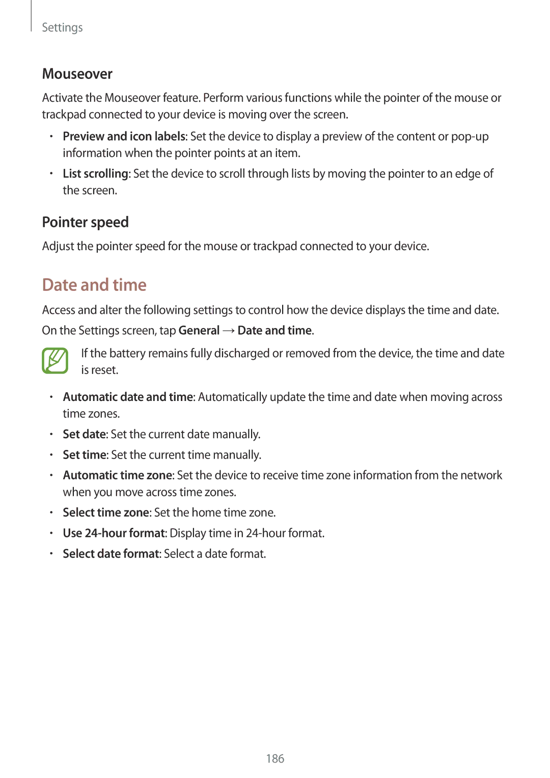 Samsung SM-T705NTSAEUR, SM-T705NZWATPH, SM-T705NZWASEB, SM-T705NZWAATO manual Date and time, Mouseover, Pointer speed 