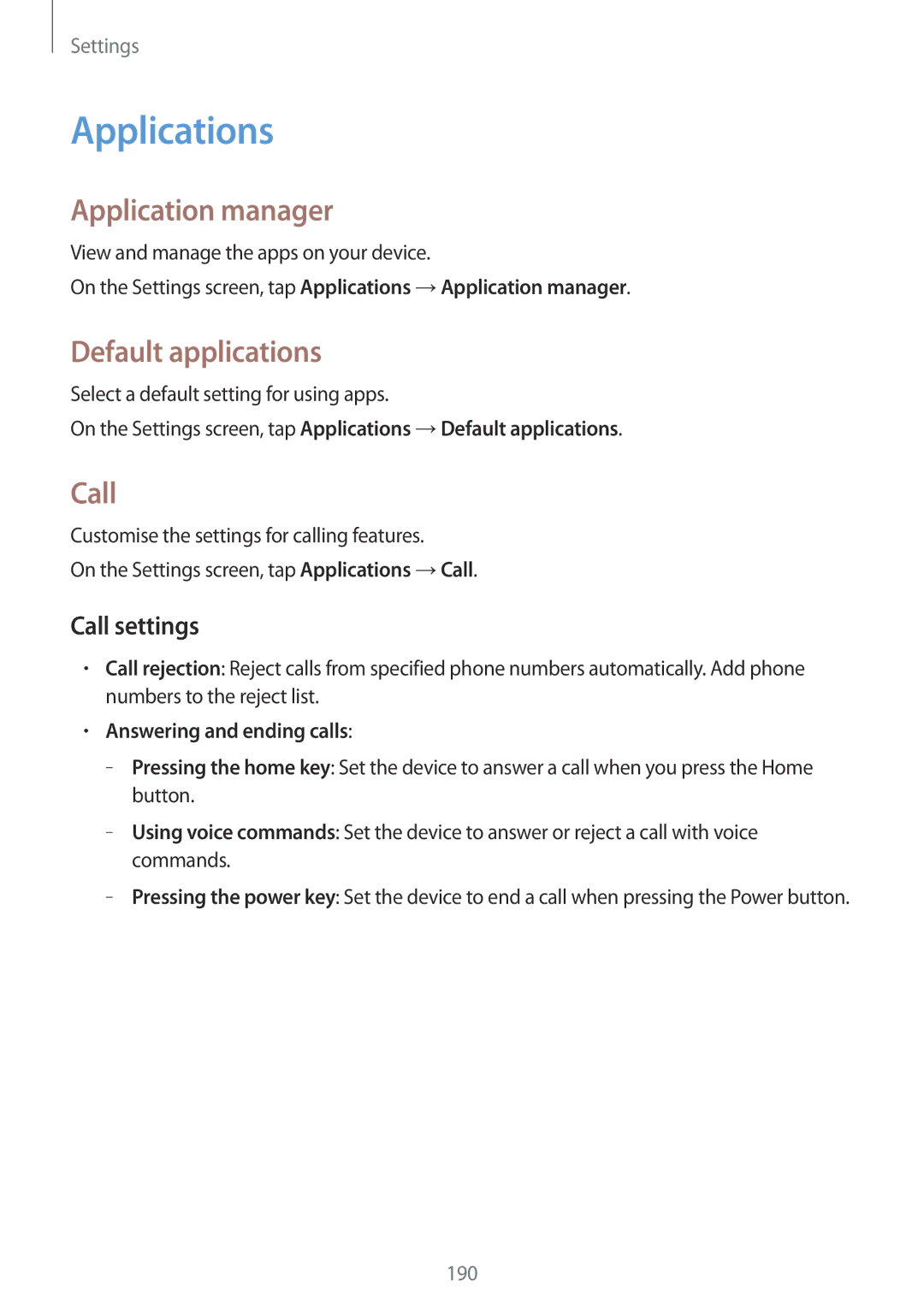 Samsung SM-T705NZWAXEH, SM-T705NZWATPH manual Applications, Application manager, Default applications, Call settings 