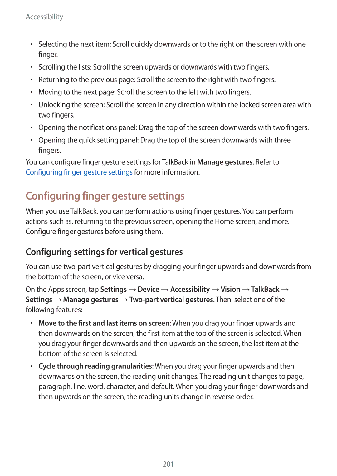 Samsung SM-T705NZWASEB, SM-T705NZWATPH Configuring finger gesture settings, Configuring settings for vertical gestures 