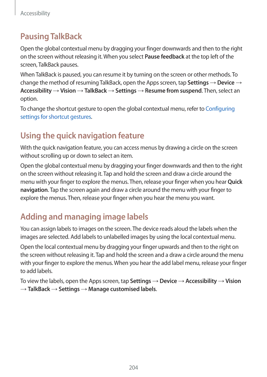 Samsung SM-T705NHAADBT manual Pausing TalkBack, Using the quick navigation feature, Adding and managing image labels 