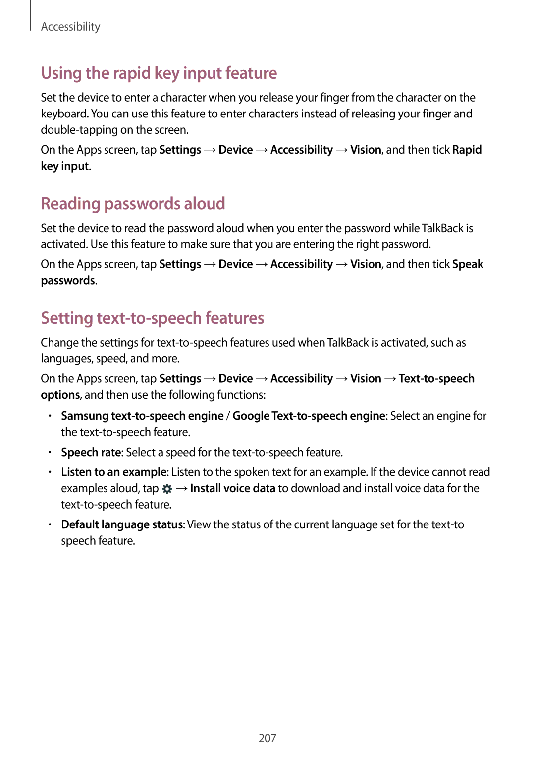 Samsung SM-T705NZWAEUR manual Using the rapid key input feature, Reading passwords aloud, Setting text-to-speech features 