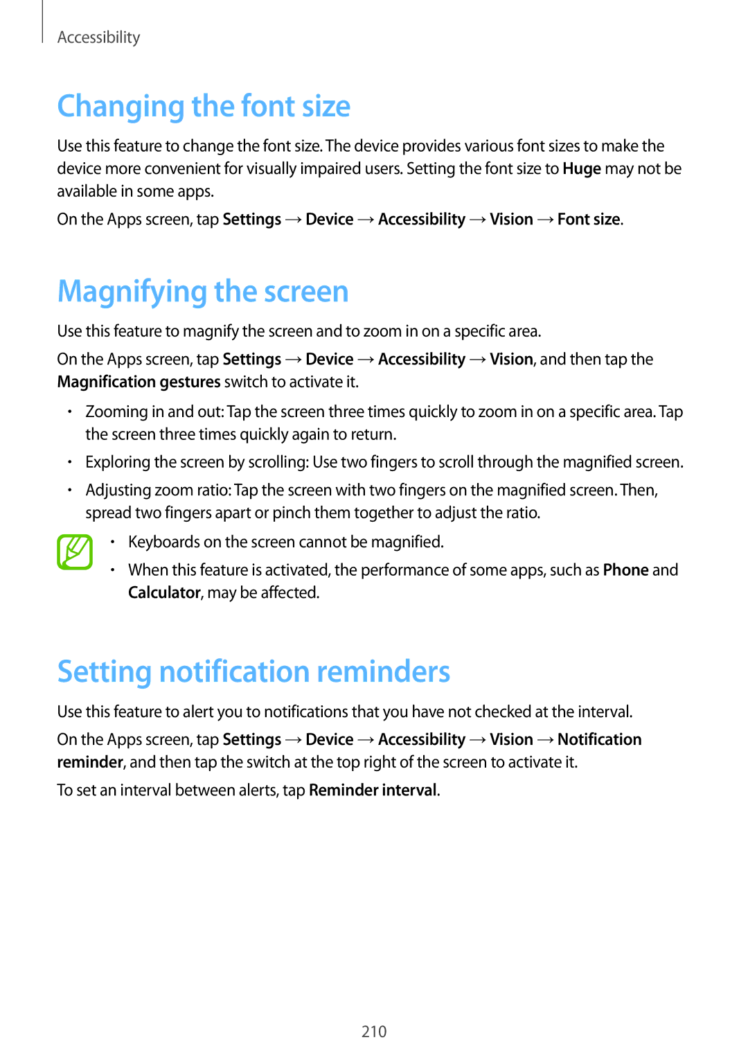 Samsung SM-T705NTSADBT, SM-T705NZWATPH manual Changing the font size, Magnifying the screen, Setting notification reminders 