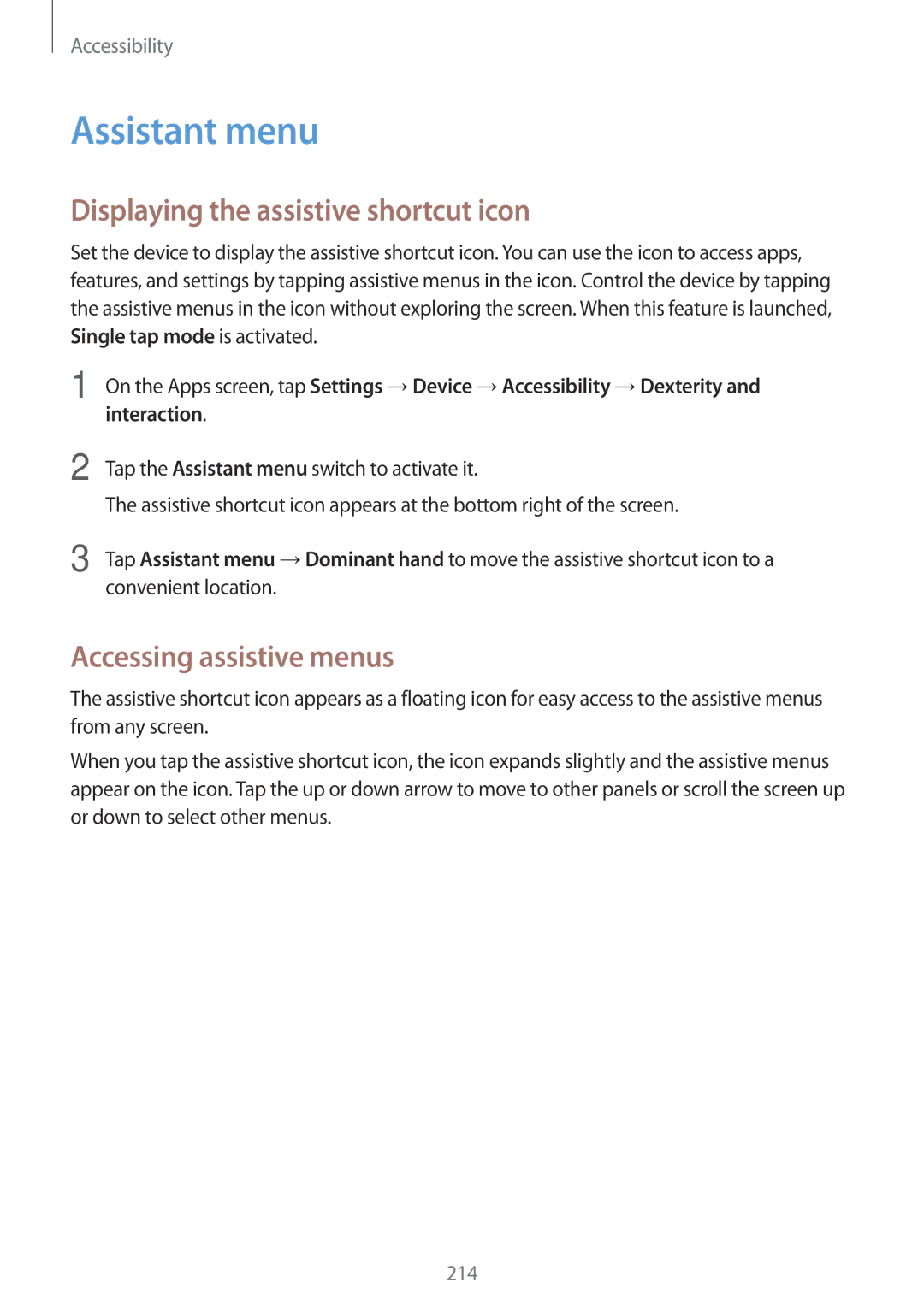 Samsung SM-T705NTSAITV, SM-T705NZWATPH Assistant menu, Displaying the assistive shortcut icon, Accessing assistive menus 