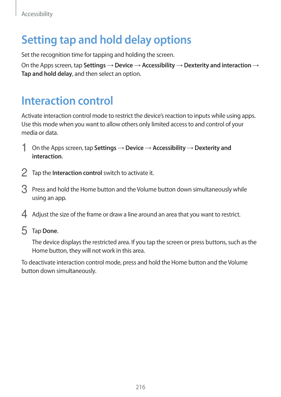 Samsung SM-T705NTSAXEO, SM-T705NZWATPH, SM-T705NZWASEB manual Setting tap and hold delay options, Interaction control 