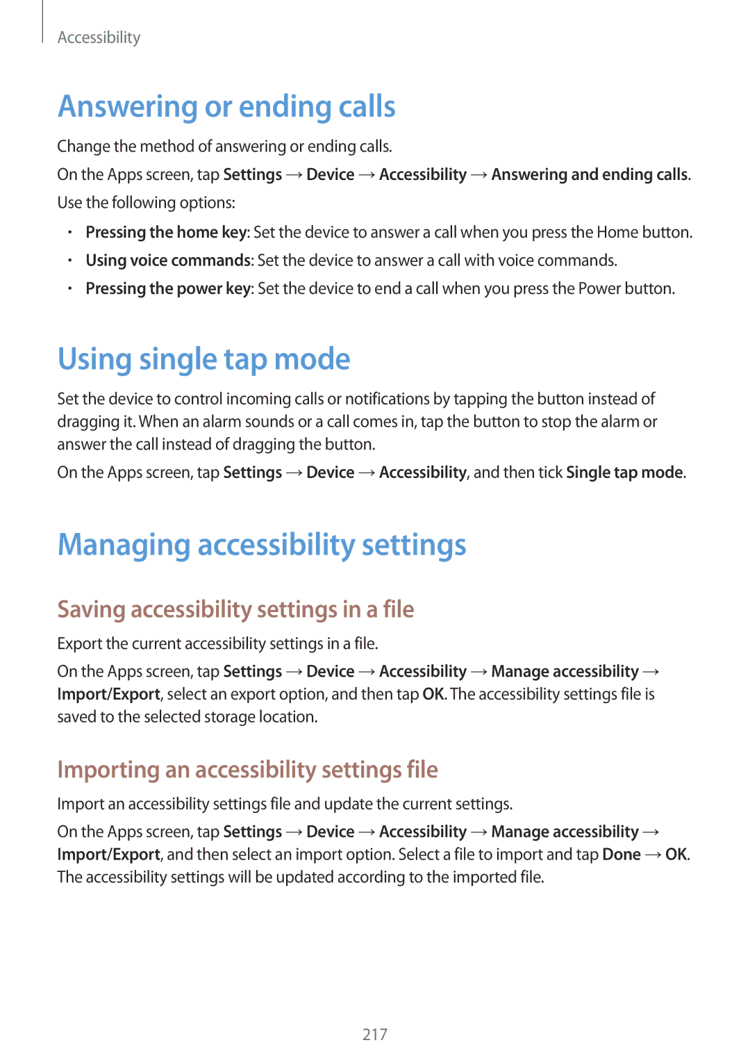 Samsung SM-T705NZWAITV, SM-T705NZWATPH Answering or ending calls, Using single tap mode, Managing accessibility settings 