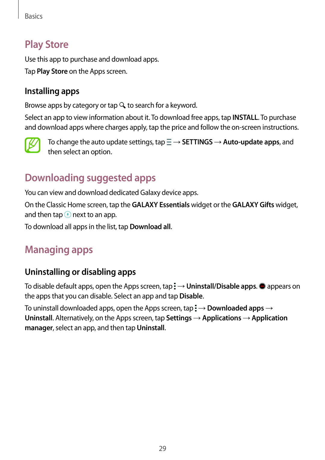 Samsung SM-T705NTSATMH manual Play Store, Downloading suggested apps, Managing apps, Uninstalling or disabling apps 