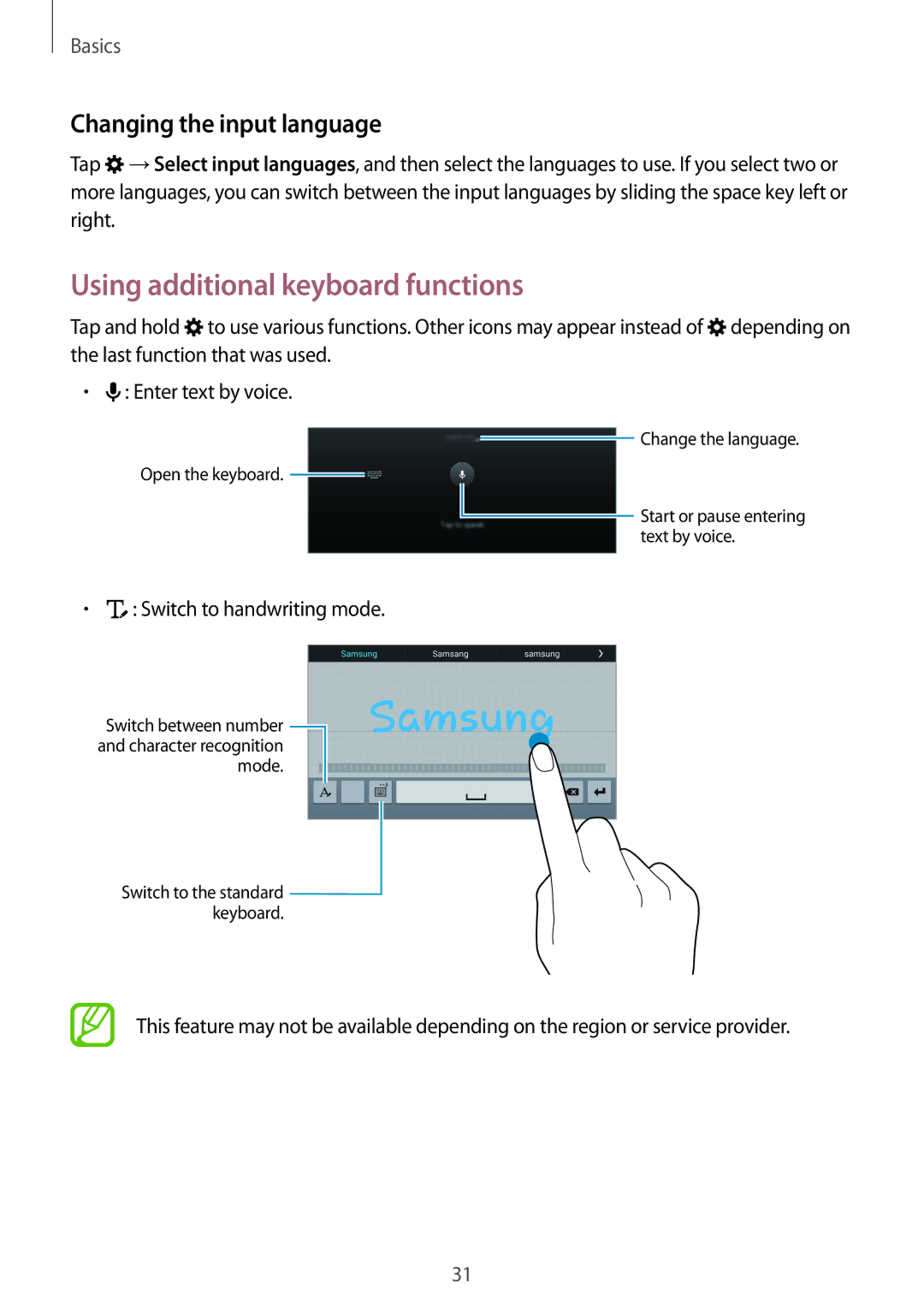 Samsung SM-T705NTSANEE manual Using additional keyboard functions, Changing the input language, Switch to handwriting mode 