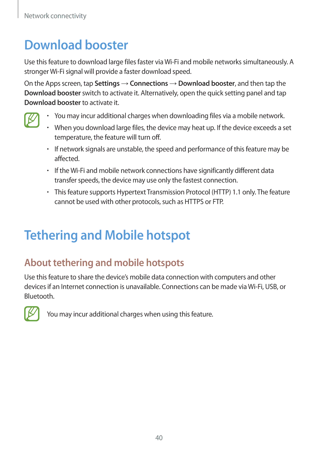 Samsung SM-T705NZWATPH, SM-T705NZWASEB Download booster, Tethering and Mobile hotspot, About tethering and mobile hotspots 