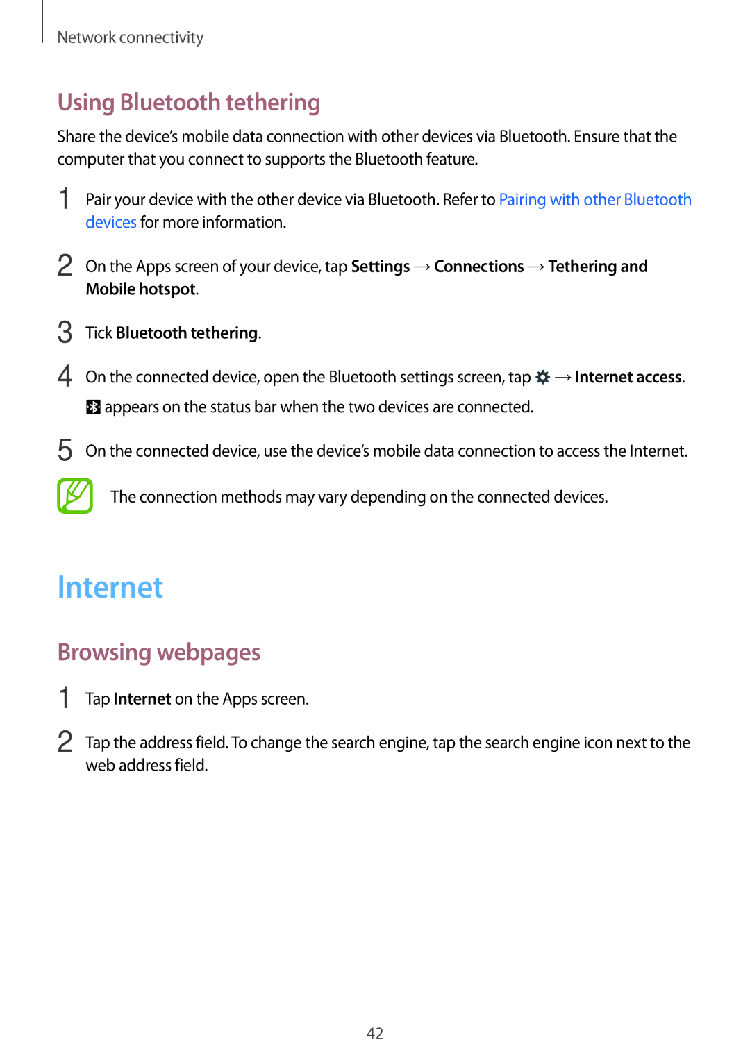 Samsung SM-T705NZWAATO Internet, Using Bluetooth tethering, Browsing webpages, Mobile hotspot, Tick Bluetooth tethering 