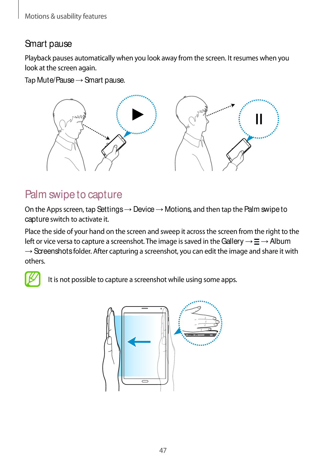 Samsung SM-T705NZWAEUR, SM-T705NZWATPH, SM-T705NZWASEB manual Palm swipe to capture, Tap Mute/Pause →Smart pause 